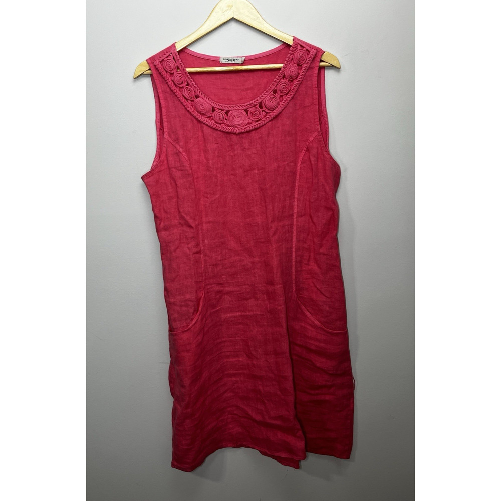 Lungo L'arno Linen Midi Tank Shift Dress Coral Pink XL Accent Collar Made Italy